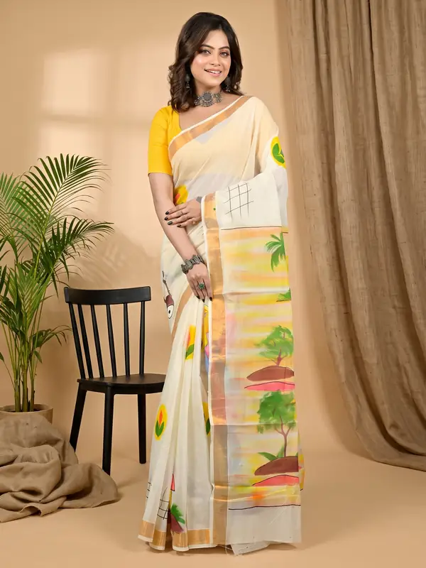 DipDiya Pure Cotton Multi-Coloured Hataka Weaves with a Storys Hand Painted Sarees