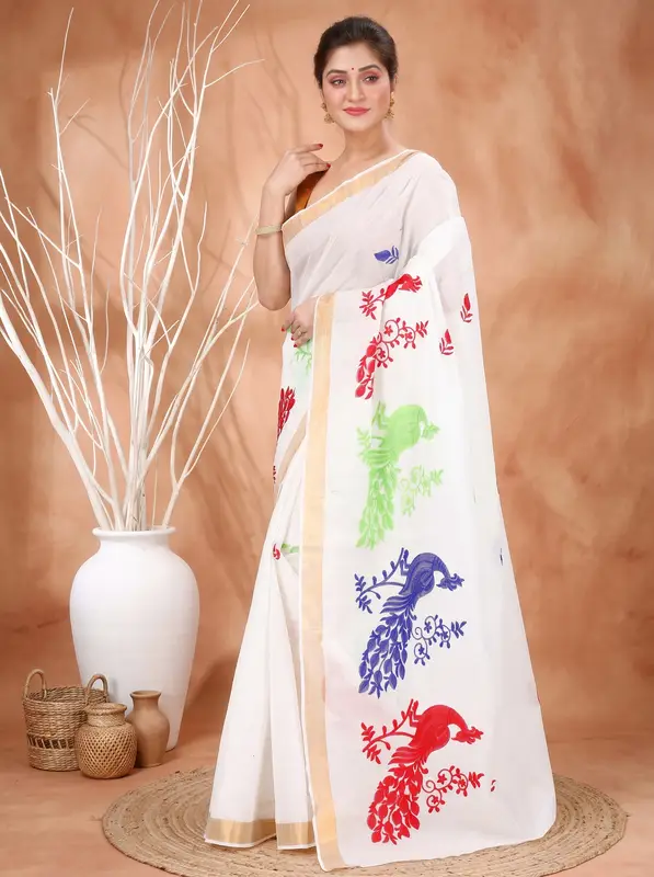 DipDiya Pure Cotton Multi-Coloured Leo Classic Bengali Embroidery Tant Sarees