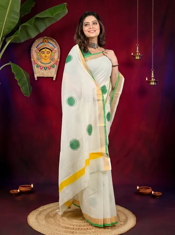 DipDiya Pure Cotton Multi Hataka Traditional Bengali Hand Painted Sarees