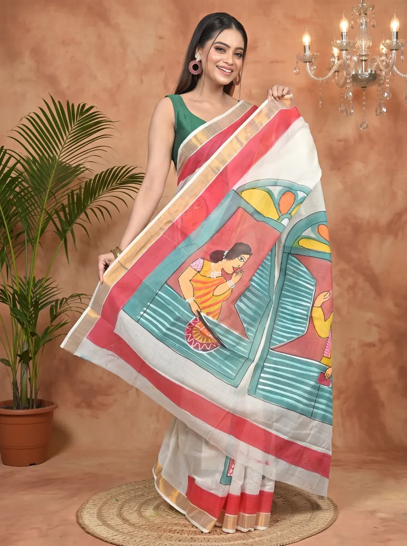 DipDiya Pure Cotton Multycolor Hataka Essence of Bengal Hand Painted Sarees