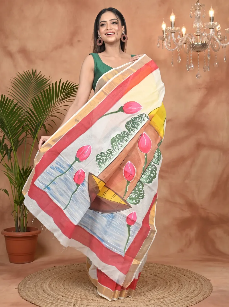 DipDiya Pure Cotton Multycolor Hataka Handcrafted Elegance Hand Painted Sarees