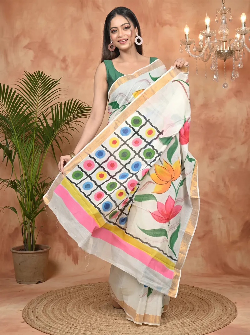 DipDiya Pure Cotton Multycolor Hataka Handloom Heritage Hand Painted Sarees