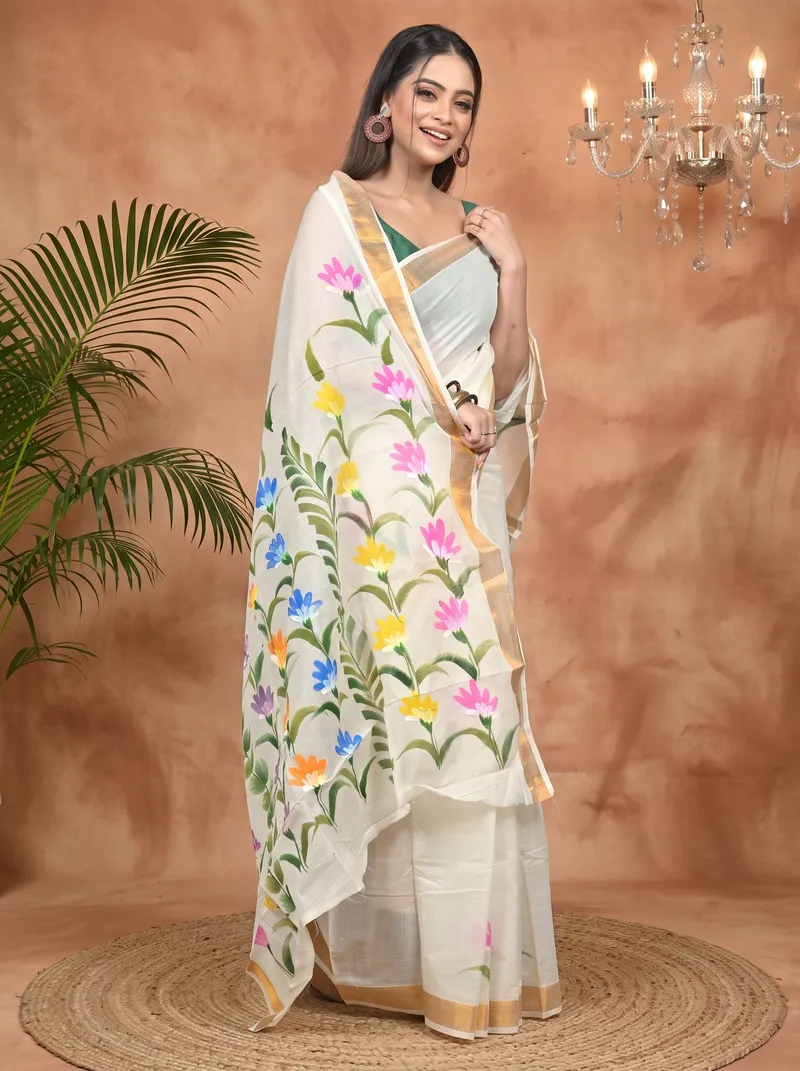 DipDiya Pure Cotton Multycolor Hataka Heritage Elegance Hand Painted Sarees