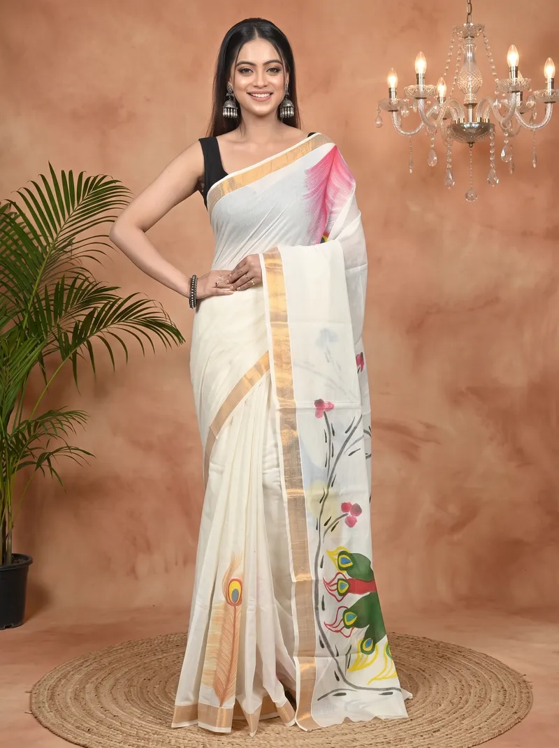 DipDiya Pure Cotton Multycolor Hataka Pure Bengali Grace Hand Painted Sarees