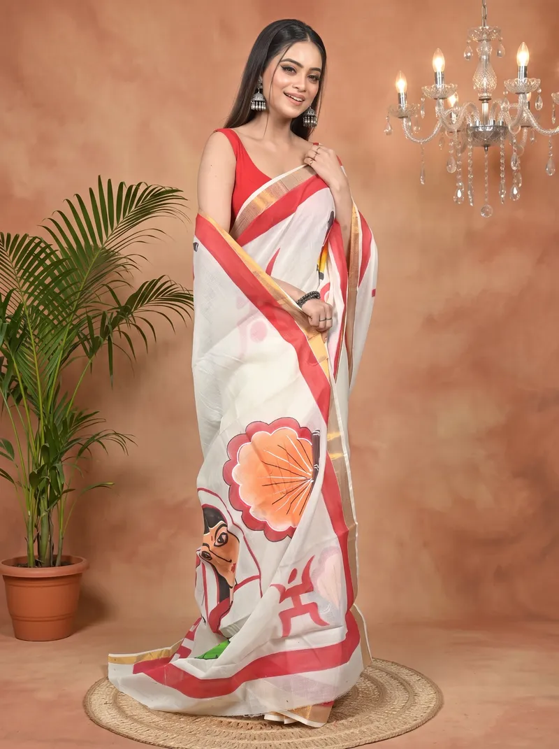 DipDiya Pure Cotton Multycolor Hataka Regal Bengali Hand Painted Sarees