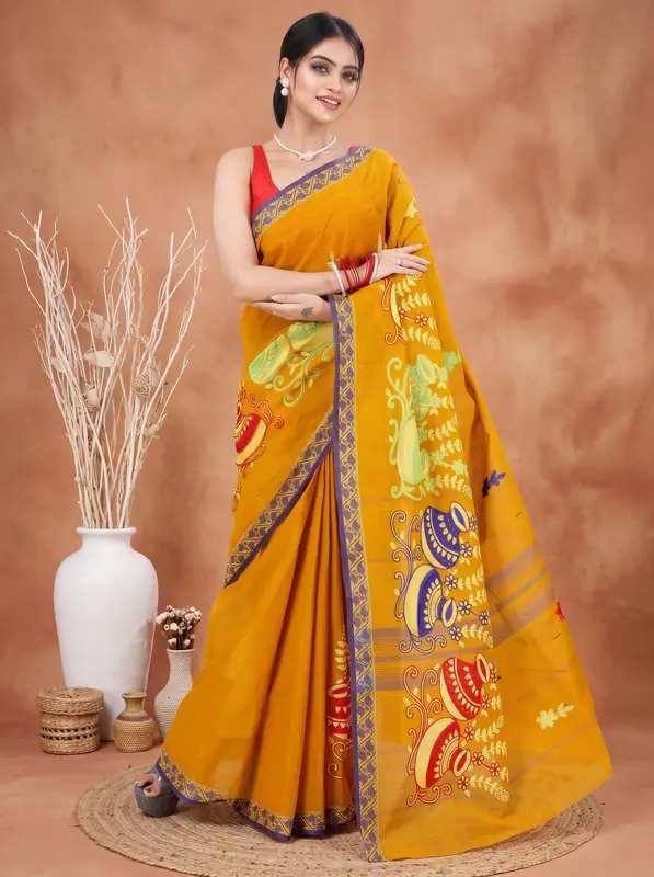 DipDiya Pure Cotton Mustard Yellow Embi Gaela Ghot Wrapped in Heritage Embroidery Tant Sarees