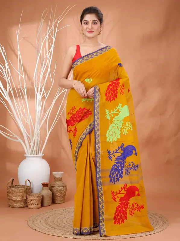 DipDiya Pure Cotton Mustard Yellow Embi Gaela Moyur Bengal’s Tradition Embroidery Tant Sarees