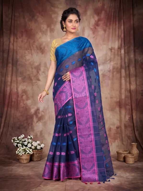 DipDiya Pure Cotton Naby Blue Akriti Stories of Bengal Tant Sarees