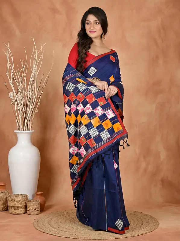 DipDiya Pure Cotton Naby Blue Aplika Tanu Crafted with Soul Applique Sarees