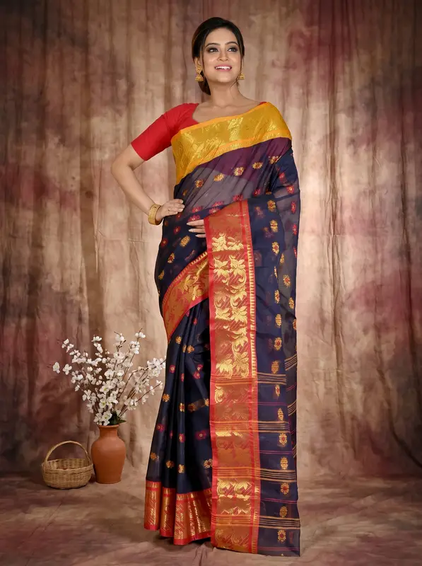 DipDiya Pure Cotton Naby Blue Dui Has Woven with Love Tant Sarees