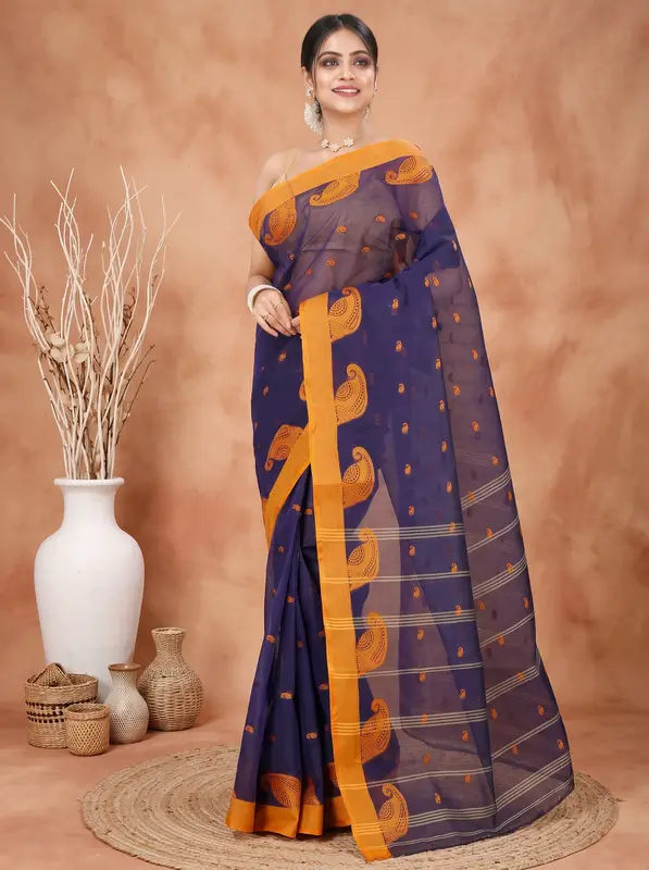 DipDiya Pure Cotton Naby Blue Epto Shonko Handcrafted Elegance Tant Sarees