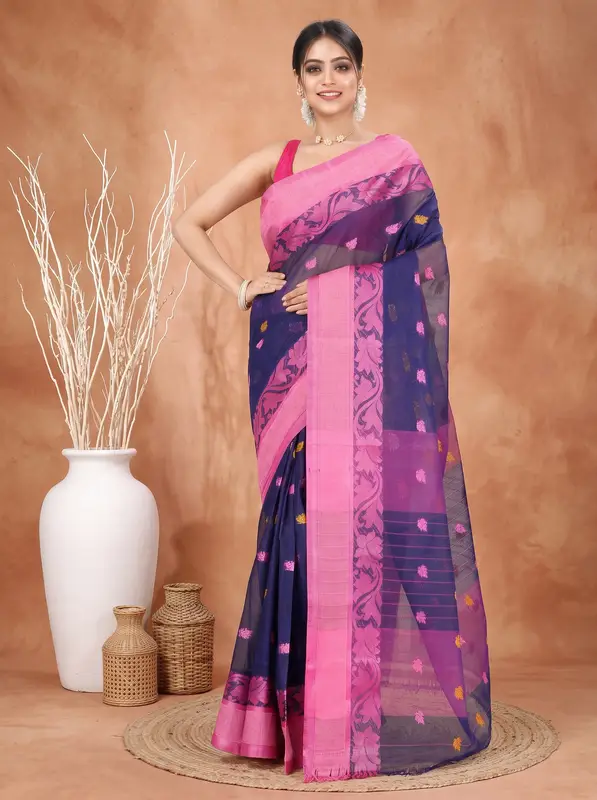DipDiya Pure Cotton Naby Blue Guti Heritage You Can Wear Tant Sarees