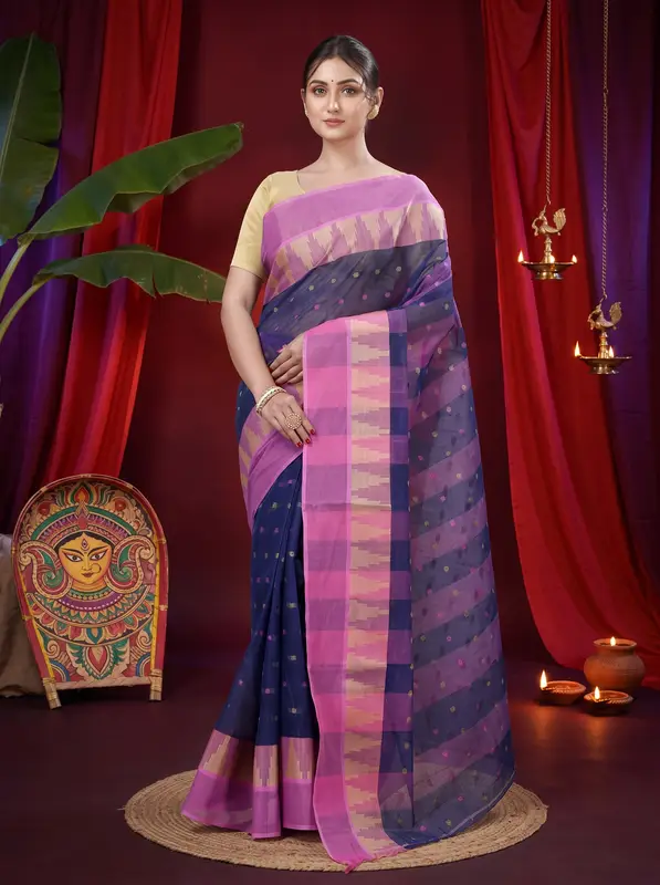 DipDiya Pure Cotton Naby Blue Jamuna Heritage You Can Wear Tant Sarees