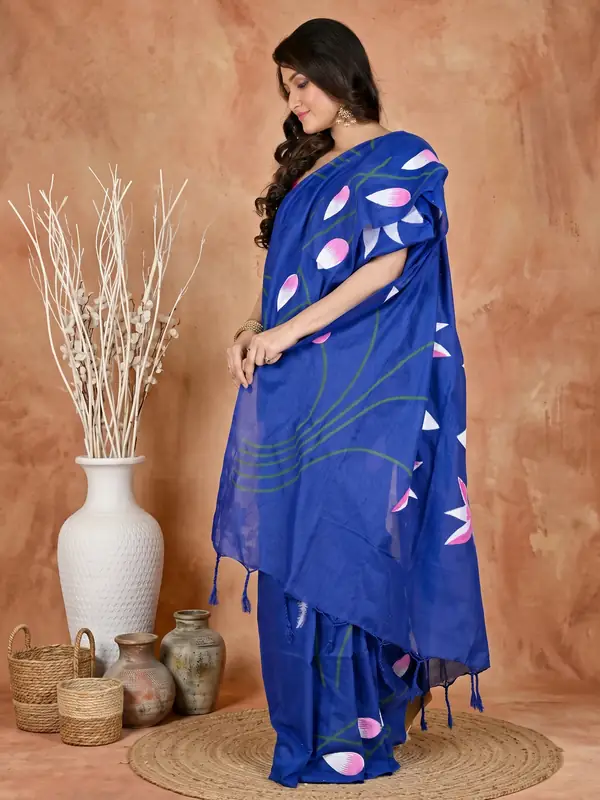 DipDiya Pure Cotton Naby Blue Kamal Rooted in Bengal Hand Painted Sarees