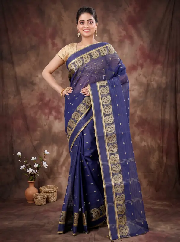 DipDiya Pure Cotton Naby Blue Kolka Guti Heritage Elegance Tant Sarees