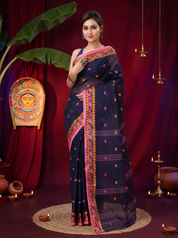 DipDiya Pure Cotton Naby Blue Leron Stories of Bengal Tant Sarees