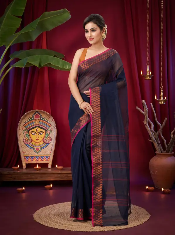 DipDiya Pure Cotton Naby Blue Lilan Pure Bengali Grace Tant Sarees