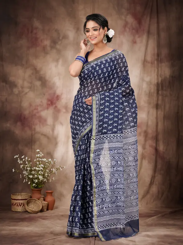 DipDiya Pure Cotton Naby Blue Mela Traditional Bengali Printed Handloom Sarees