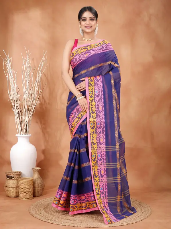 DipDiya Pure Cotton Naby Blue Moti Ankit Masterfully Woven Tant Sarees