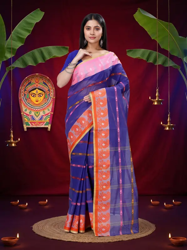 DipDiya Pure Cotton Naby Blue Nehan Essence of Bengal Tant Sarees