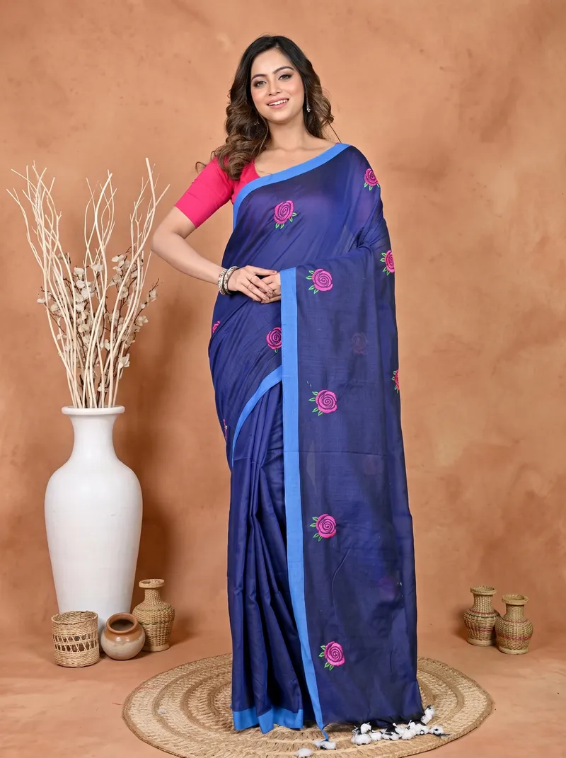 DipDiya Pure Cotton Naby Blue Parag Artisan Woven Embroidery Handloom sarees