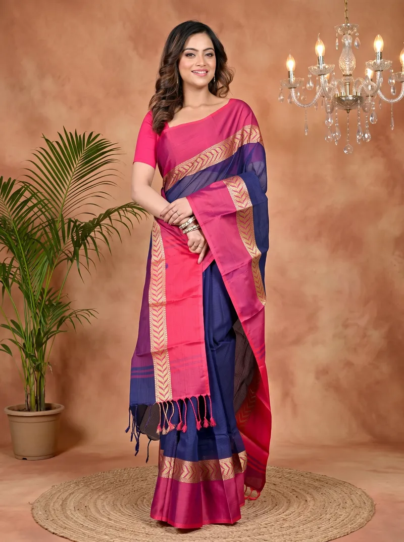 DipDiya Pure Cotton Naby Blue Parvin Traditional Bengali Tant Sarees