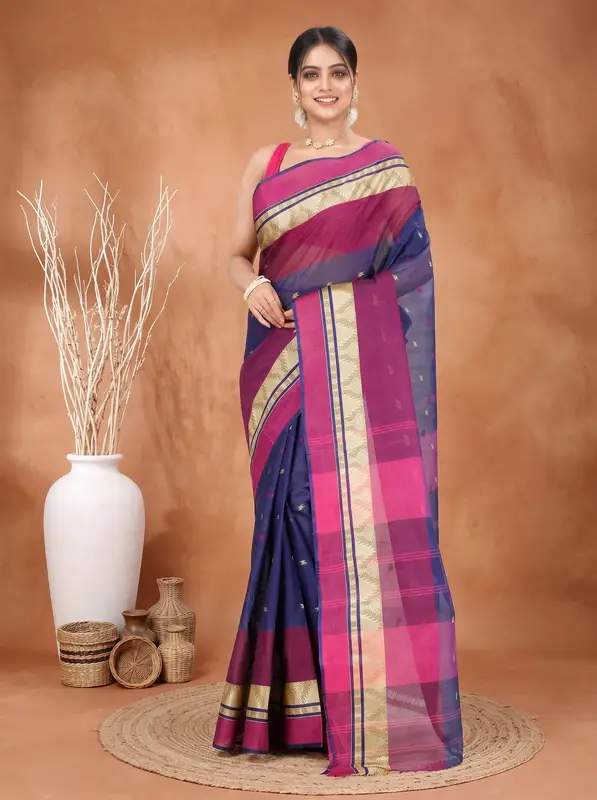 DipDiya Pure Cotton Naby Blue Suto Threads of Tradition Tant Sarees