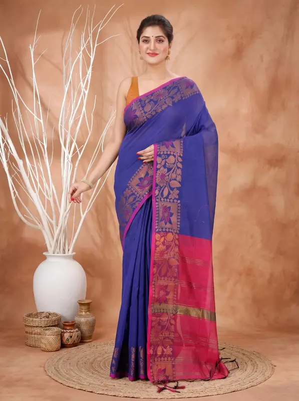 DipDiya Pure Cotton Naby Blue Swarno Essence of Bengal Handloom Sarees