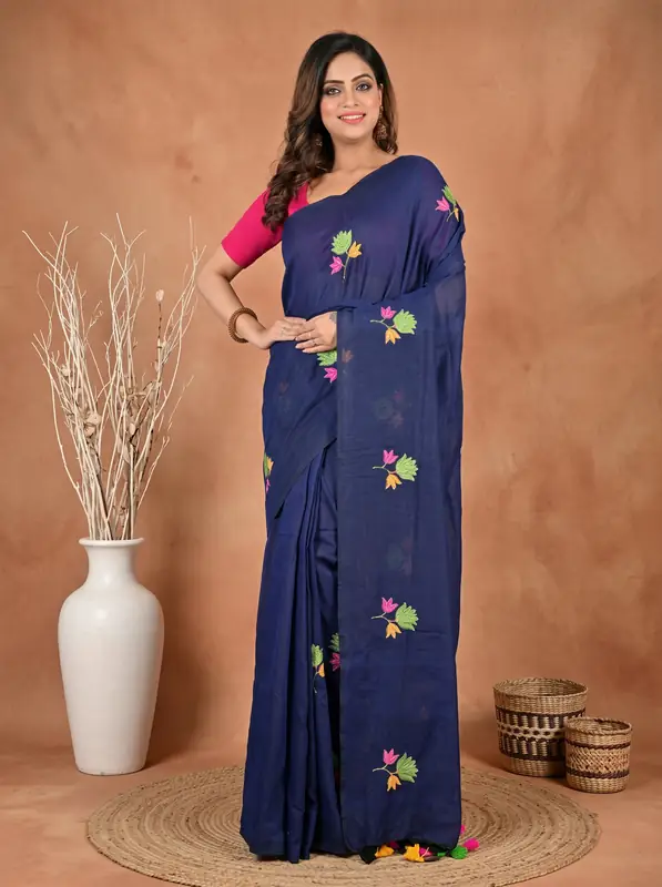DipDiya Pure Cotton Naby Blue Umkor Than Stories of Bengal Embroidery Handloom sarees
