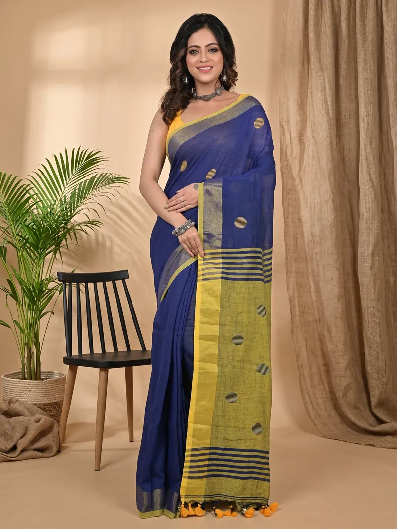 DipDiya Pure Cotton Nabyblue Yellow Achkol Woven by Hand Handloom Sarees