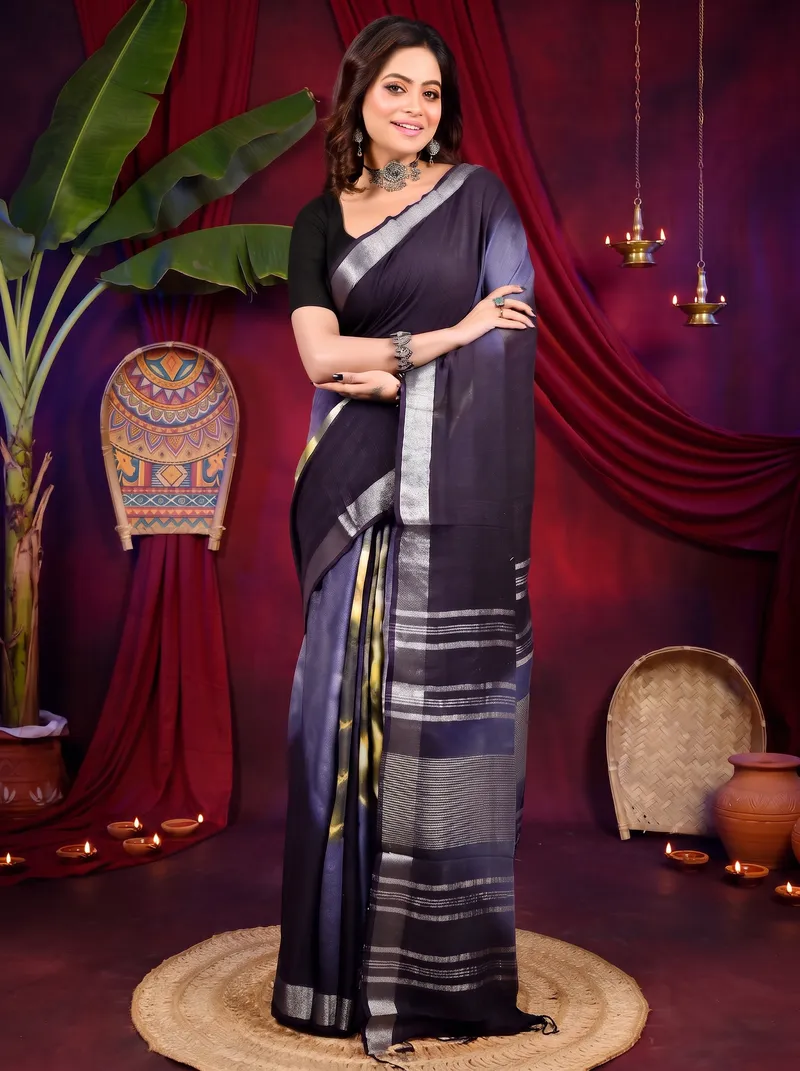 DipDiya Pure Cotton Night Blue Finui Pure Bengali Grace Handloom Sarees