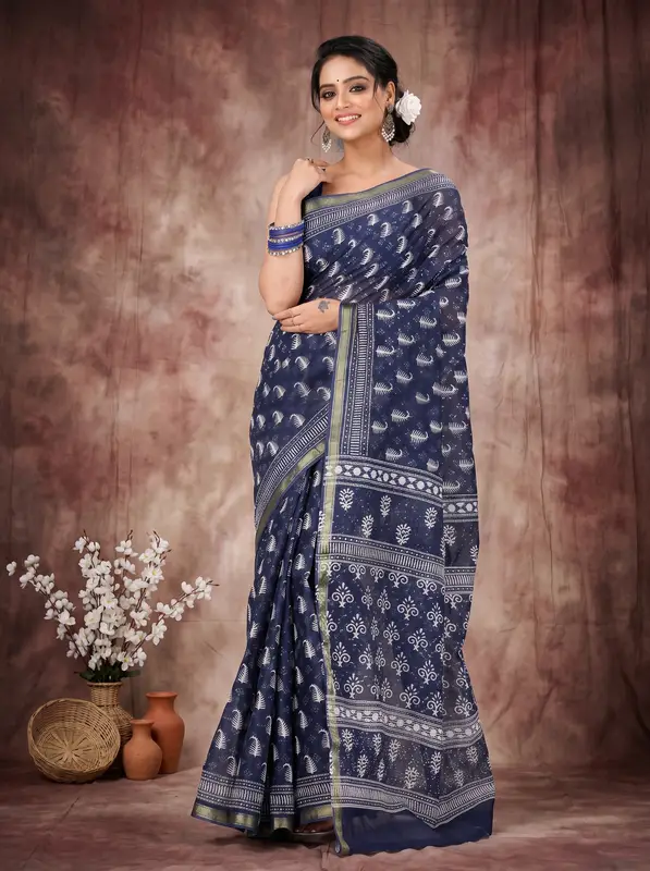 DipDiya Pure Cotton Night Blue Mela A Legacy Woven Printed Handloom Sarees