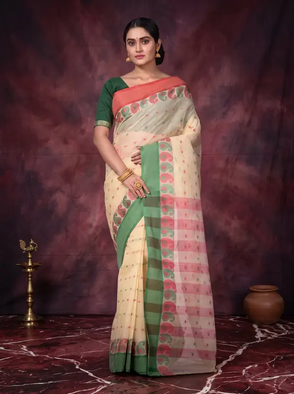 DipDiya Pure Cotton Off-White Amkolka Par Elegant by Tradition Tant Sarees