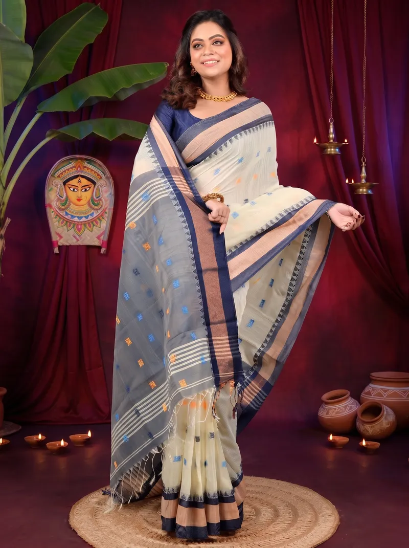 DipDiya Pure Cotton Off White Blue Debasi Crafted by Artisans Handloom Sarees