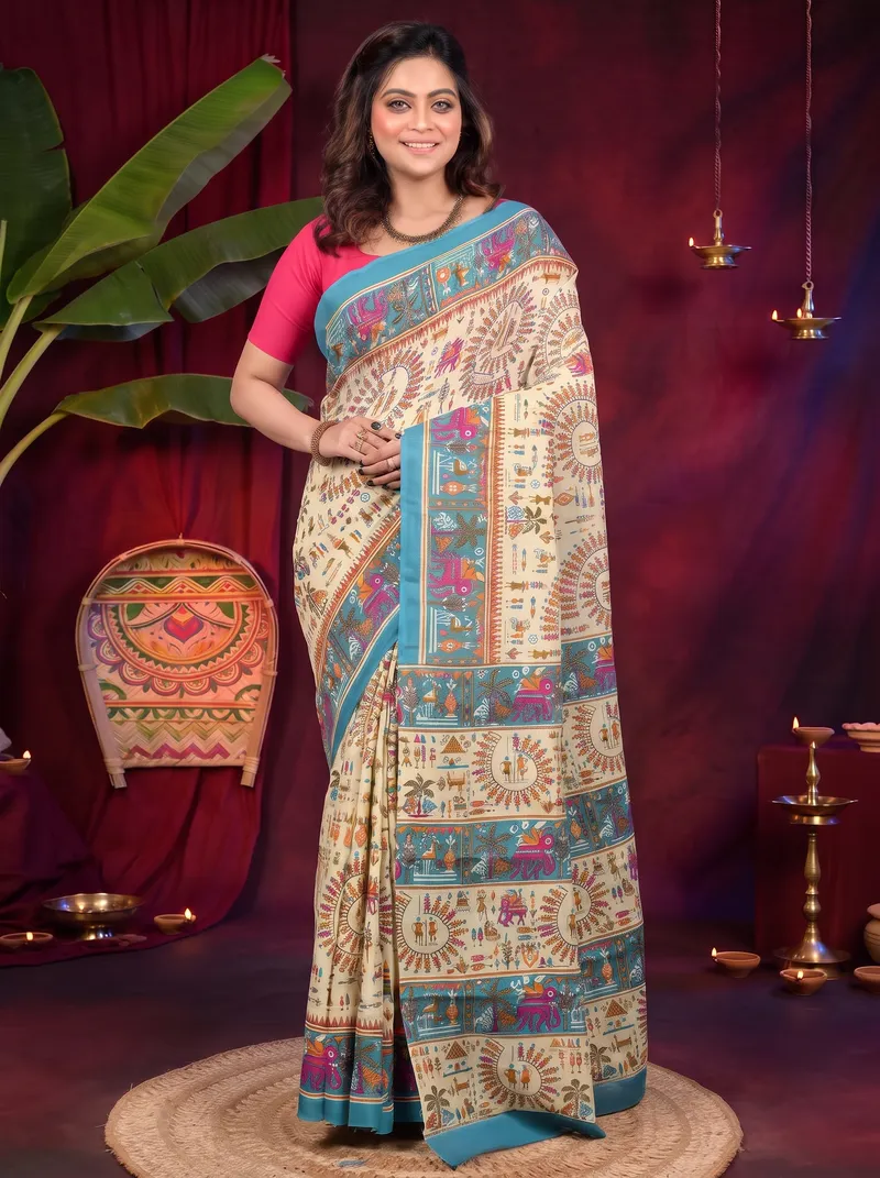 DipDiya Pure Cotton Off White Blue Feepsi Crafted in Bengal Kalamkari Printed Sarees