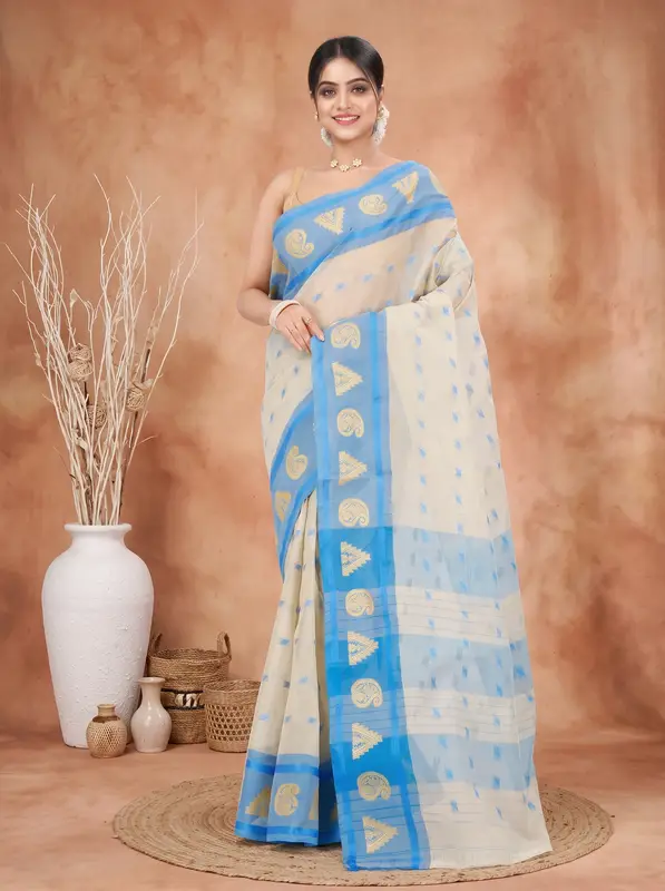 DipDiya Pure Cotton Off-White Emma Border Pure Bengali Grace Tant Sarees