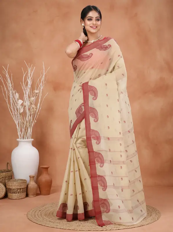 DipDiya Pure Cotton Off-White Epto Shonko Handloom Heritage Tant Sarees
