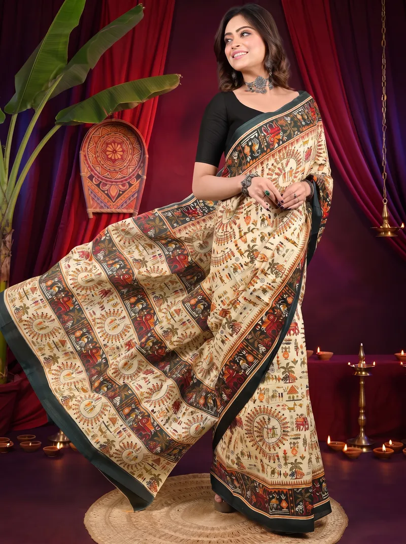 DipDiya Pure Cotton Off White Green Feepsi Crafted by Artisans Kalamkari Printed Sarees