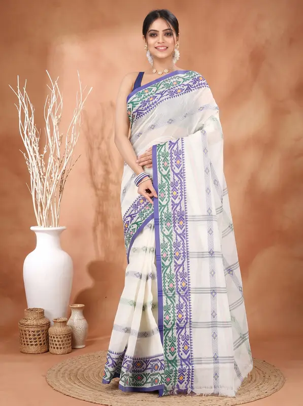 DipDiya Pure Cotton Off-White Moti Ankit Regal Bengali Tant Sarees