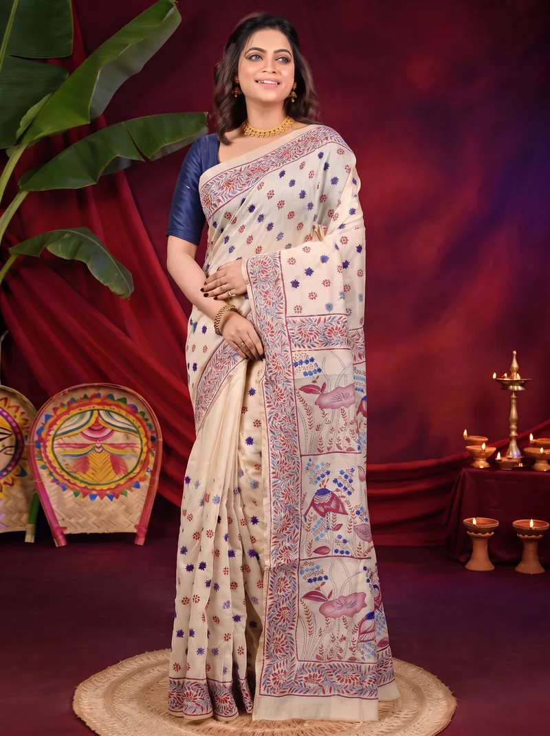 DipDiya Pure Cotton Off White Multy Color Dhriti Tradition in Every Thread Kantha Stitch Sarees
