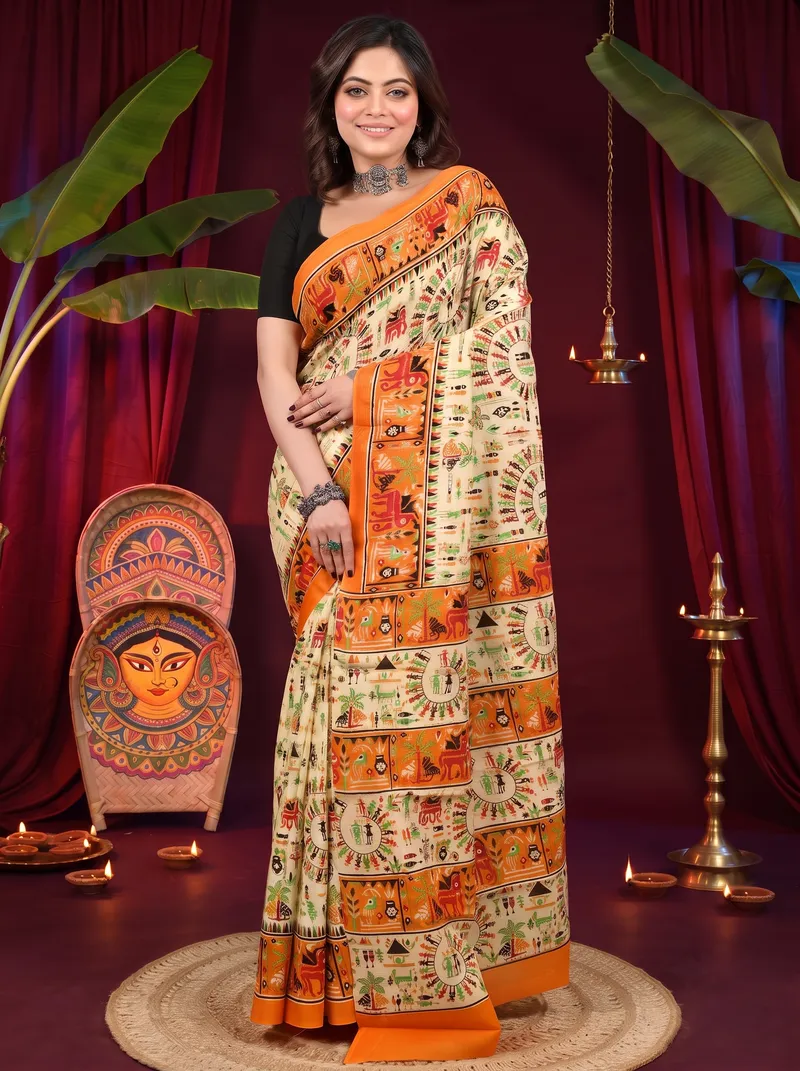 DipDiya Pure Cotton Off White Orange Feepsi Elegant by Tradition Kalamkari Printed Sarees