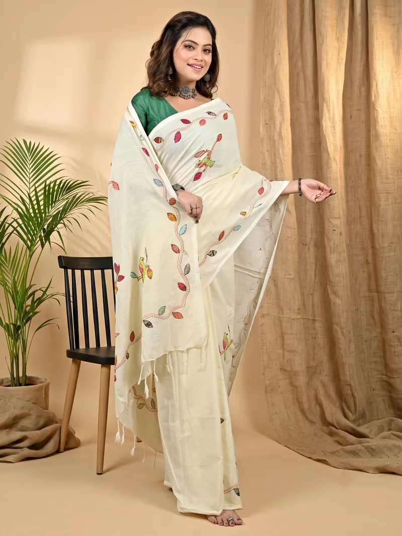 DipDiya Pure Cotton Off-White Pakhi Heritage of Bengal Kantha Stitch Sarees