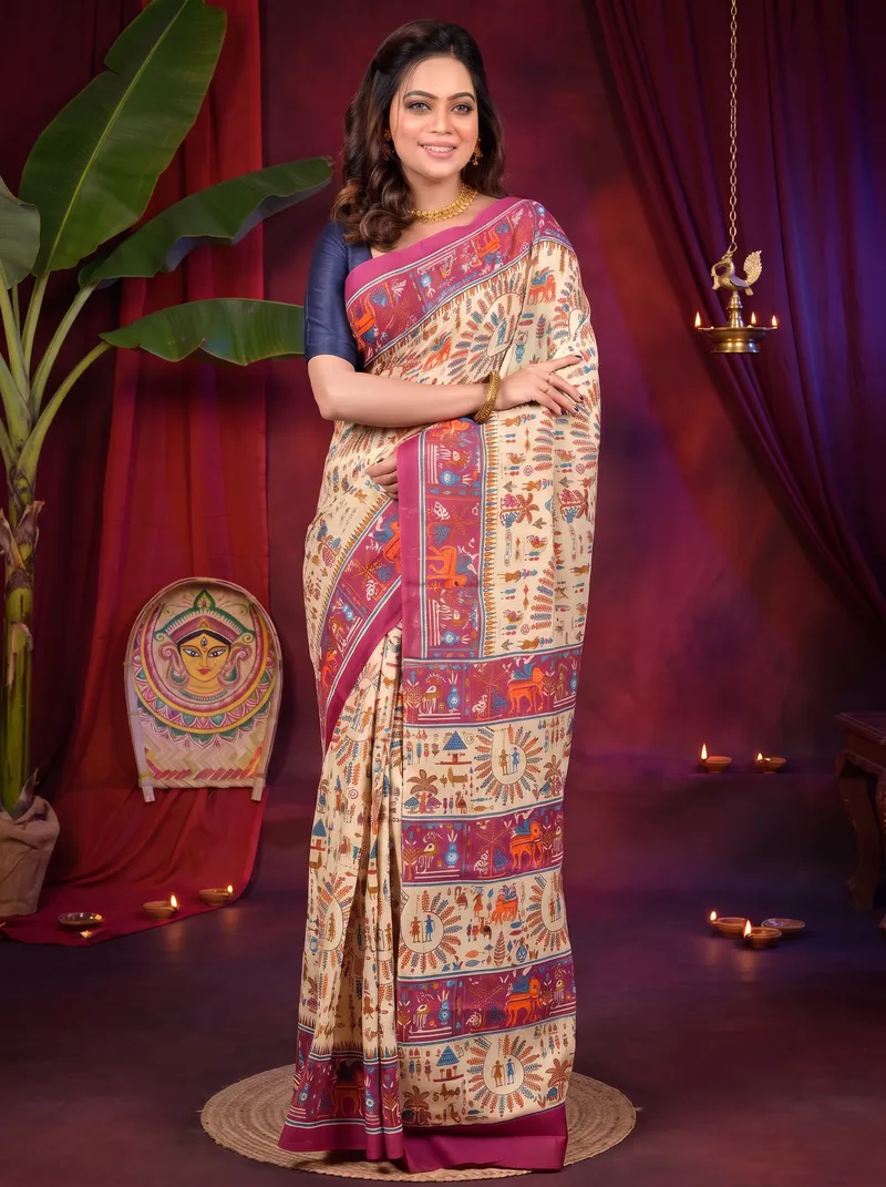 DipDiya Pure Cotton Off White Purple Feepsi Elegance in Every Weave Kalamkari Printed Sarees