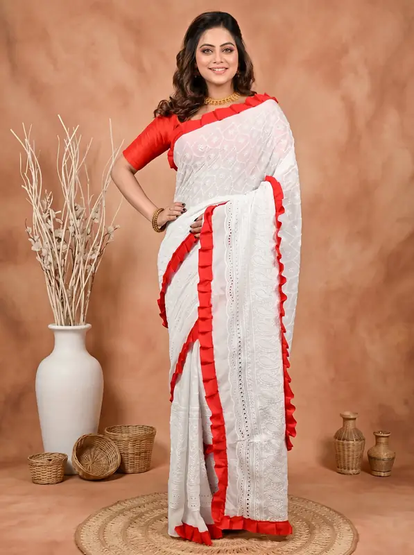 DipDiya Pure Cotton Off White Red Borma Wrapped in Heritage Handloom Sarees