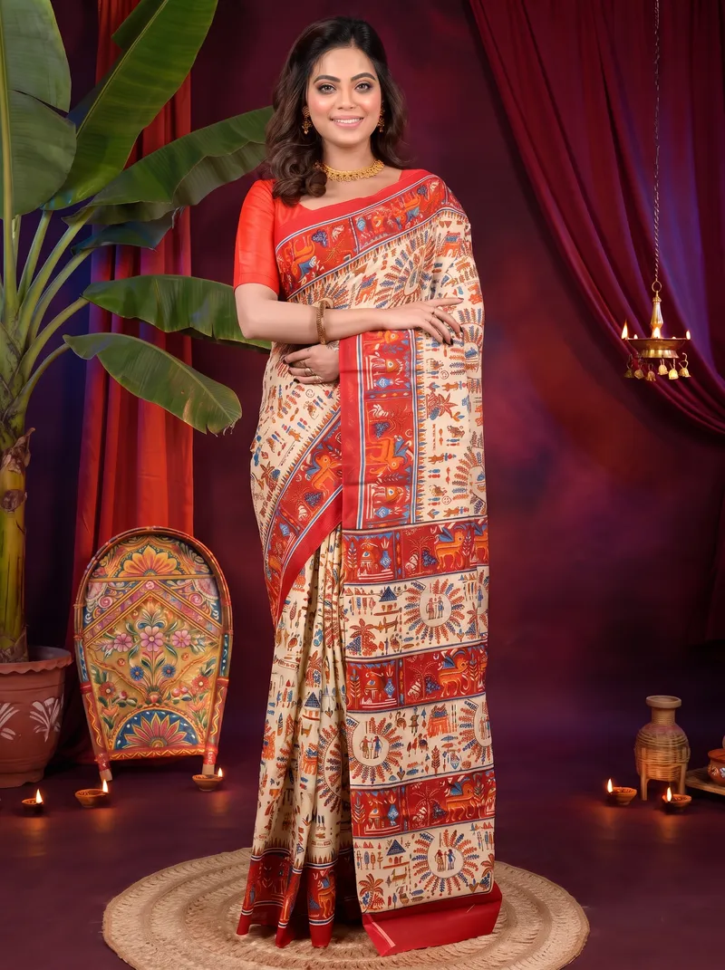 DipDiya Pure Cotton Off White Red Feepsi Crafted with Soul Kalamkari Printed Sarees