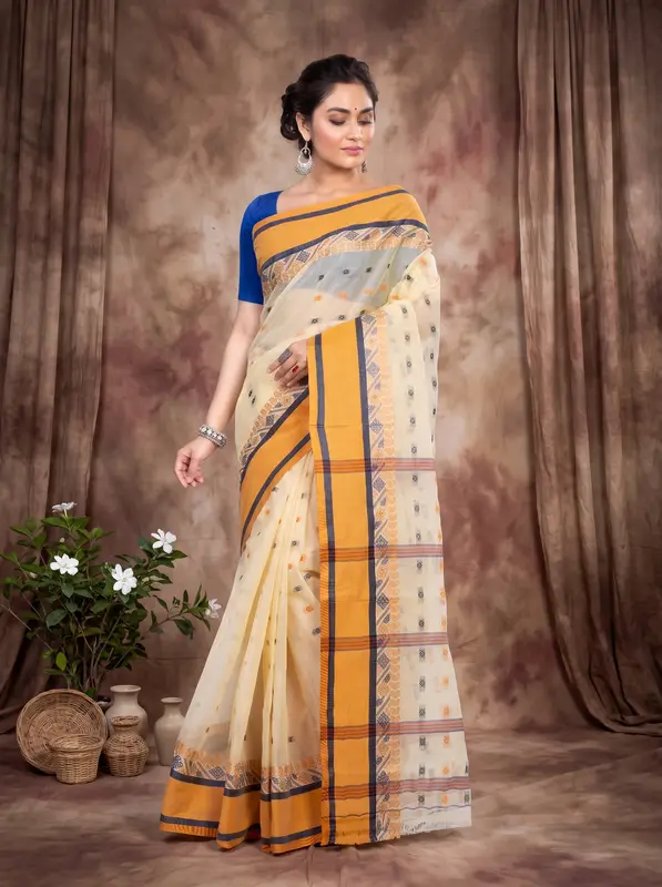 DipDiya Pure Cotton Off White ToraPar Bengal’s Tradition Tant Sarees