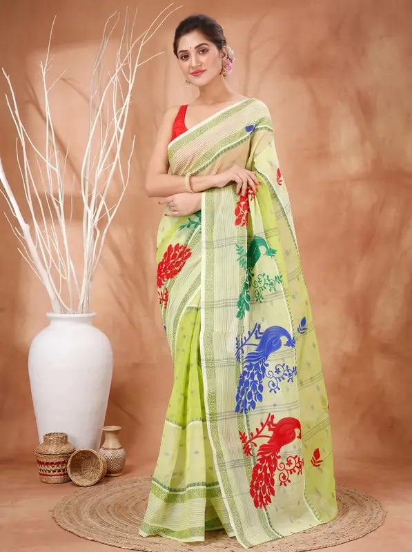 DipDiya Pure Cotton Olieve Green Embi Debdash Moyur A Legacy Woven Embroidery Tant Sarees