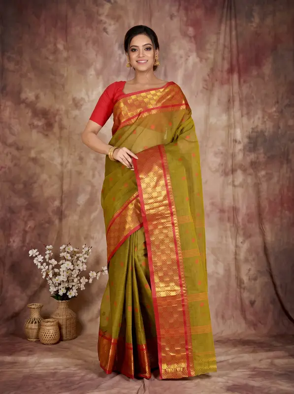 DipDiya Pure Cotton Olive Green Atula Grace of Bengal Tant Sarees