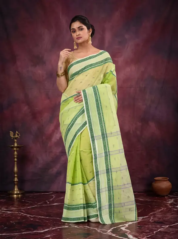 DipDiya Pure Cotton Olive Green Debdash Traditional Elegance Tant Sarees