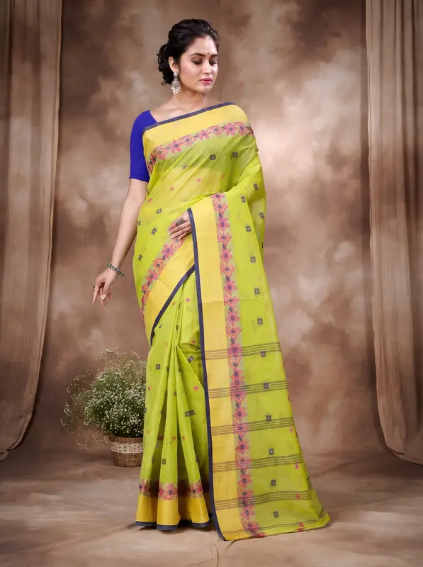 DipDiya Pure Cotton Olive Green Ramala Timeless Bengal Tant Sarees